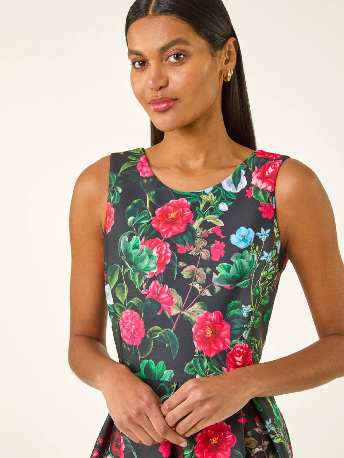 Image 4 of 5 of Roman Floral Print Premium Stretch Midi Dress - Black