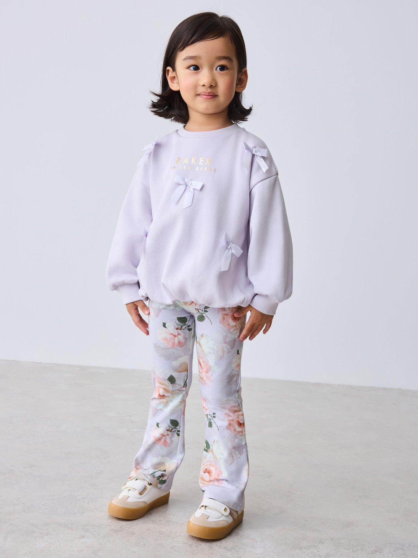 Image 1 of 7 of Ted Baker Girls Bow Floral Kickflare Legging Set - Purple