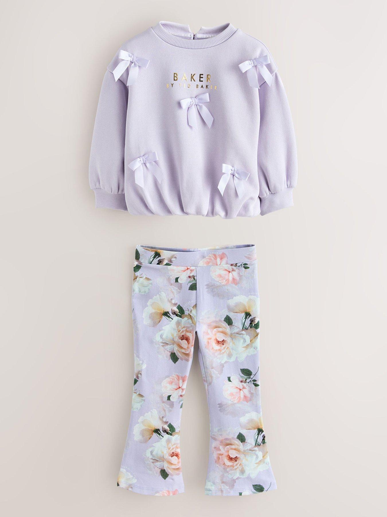 Image 2 of 7 of Ted Baker Girls Bow Floral Kickflare Legging Set - Purple