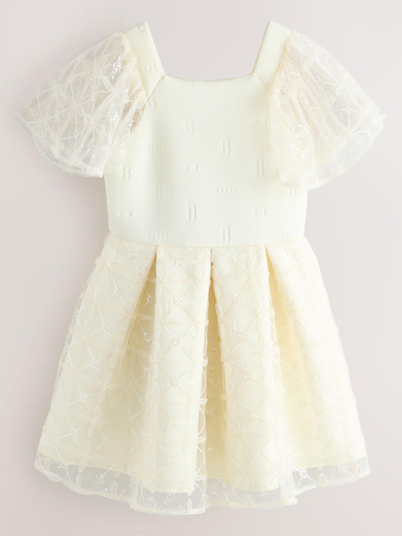 Image 2 of 7 of Ted Baker Older Girls Mesh Overlay Angel Sleeve Scuba Dress - Light Yellow