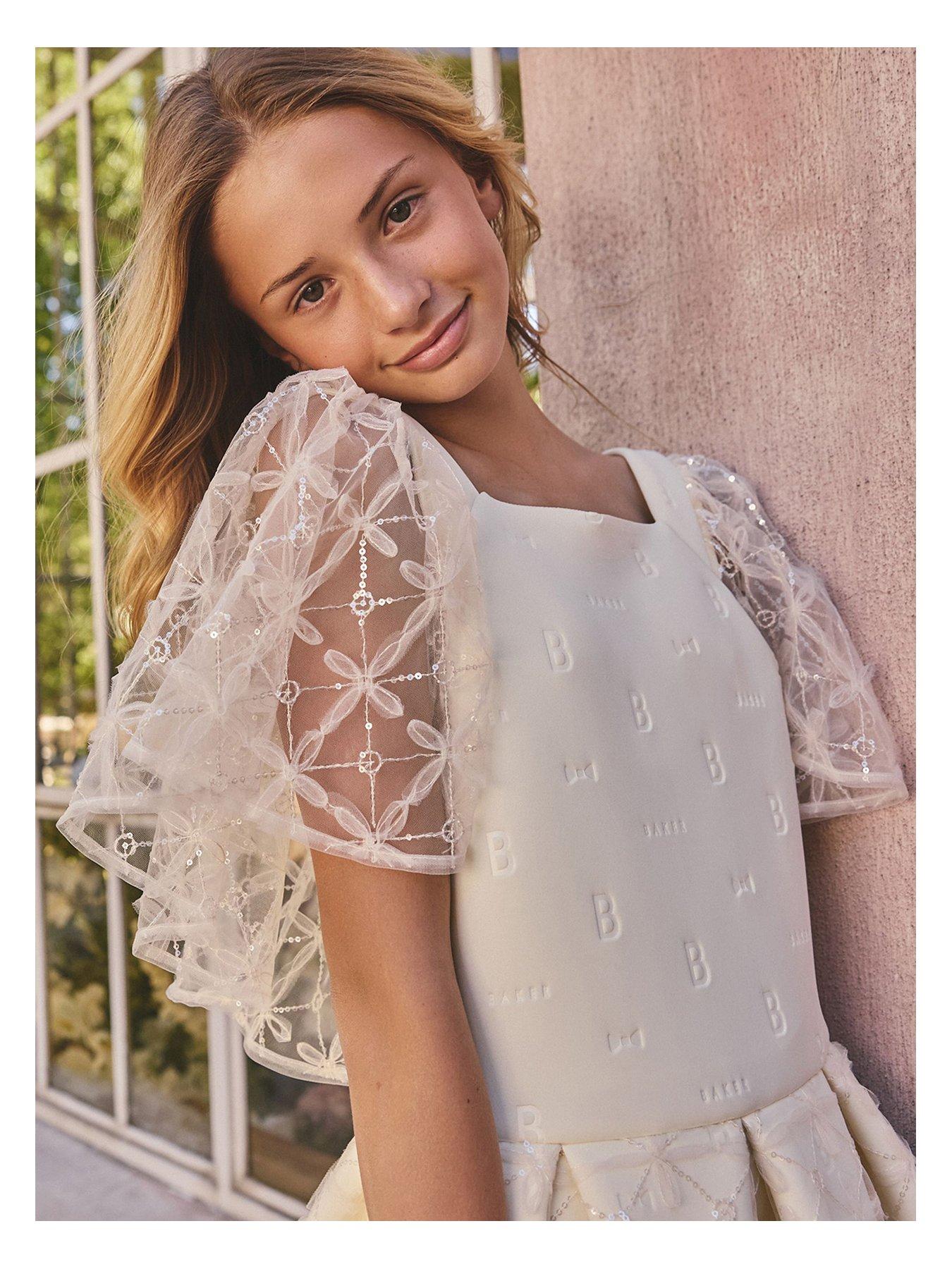 Image 3 of 7 of Ted Baker Older Girls Mesh Overlay Angel Sleeve Scuba Dress - Light Yellow