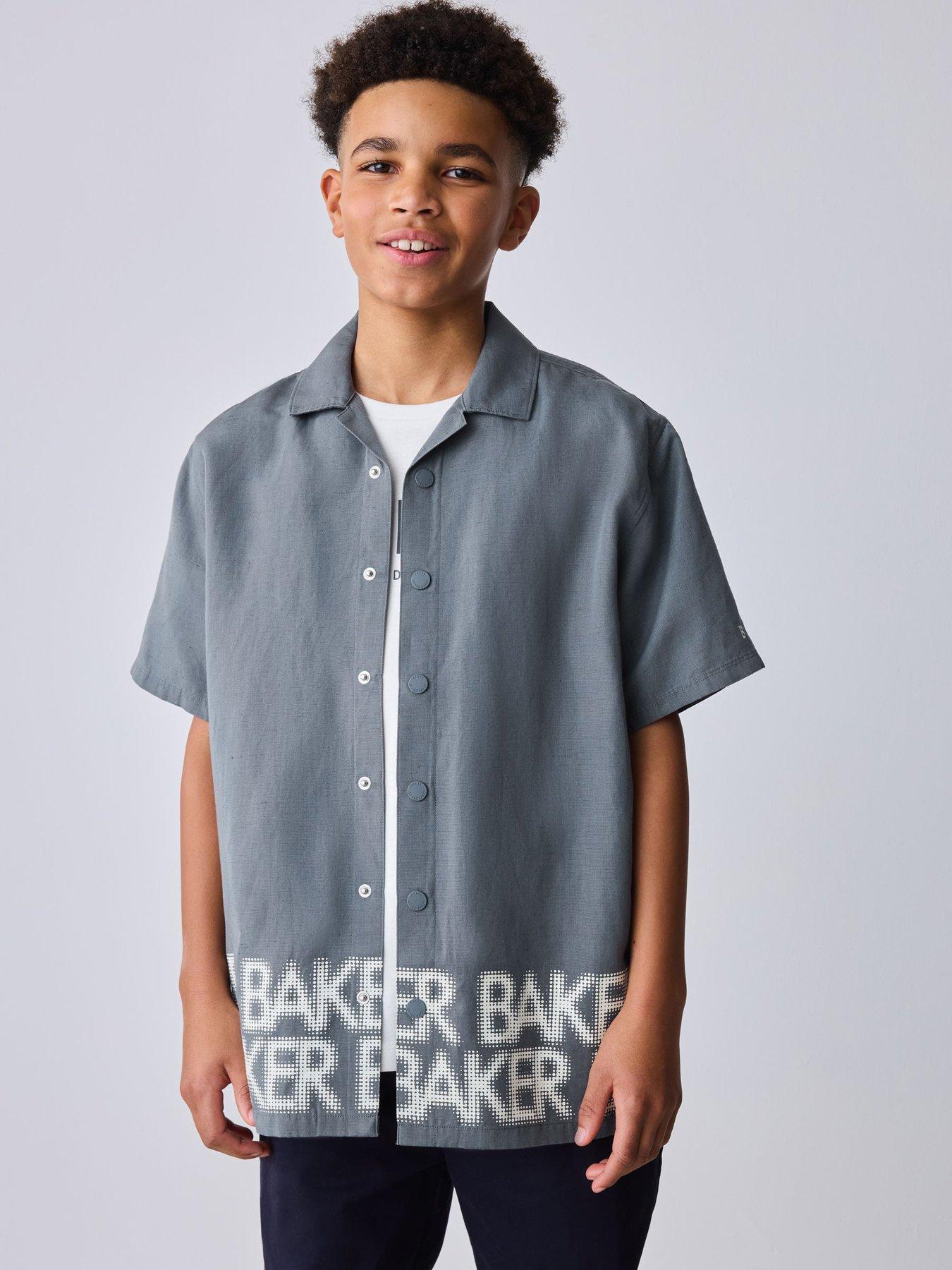 Image 1 of 7 of Ted Baker Older Boys Logo Border Shirt Print Shirt and T-Shirt Set - Grey