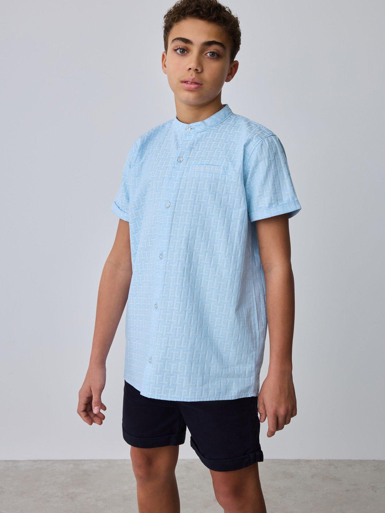Ted Baker Older Boys Grandad Collar Short Sleeve Shirt - Blue