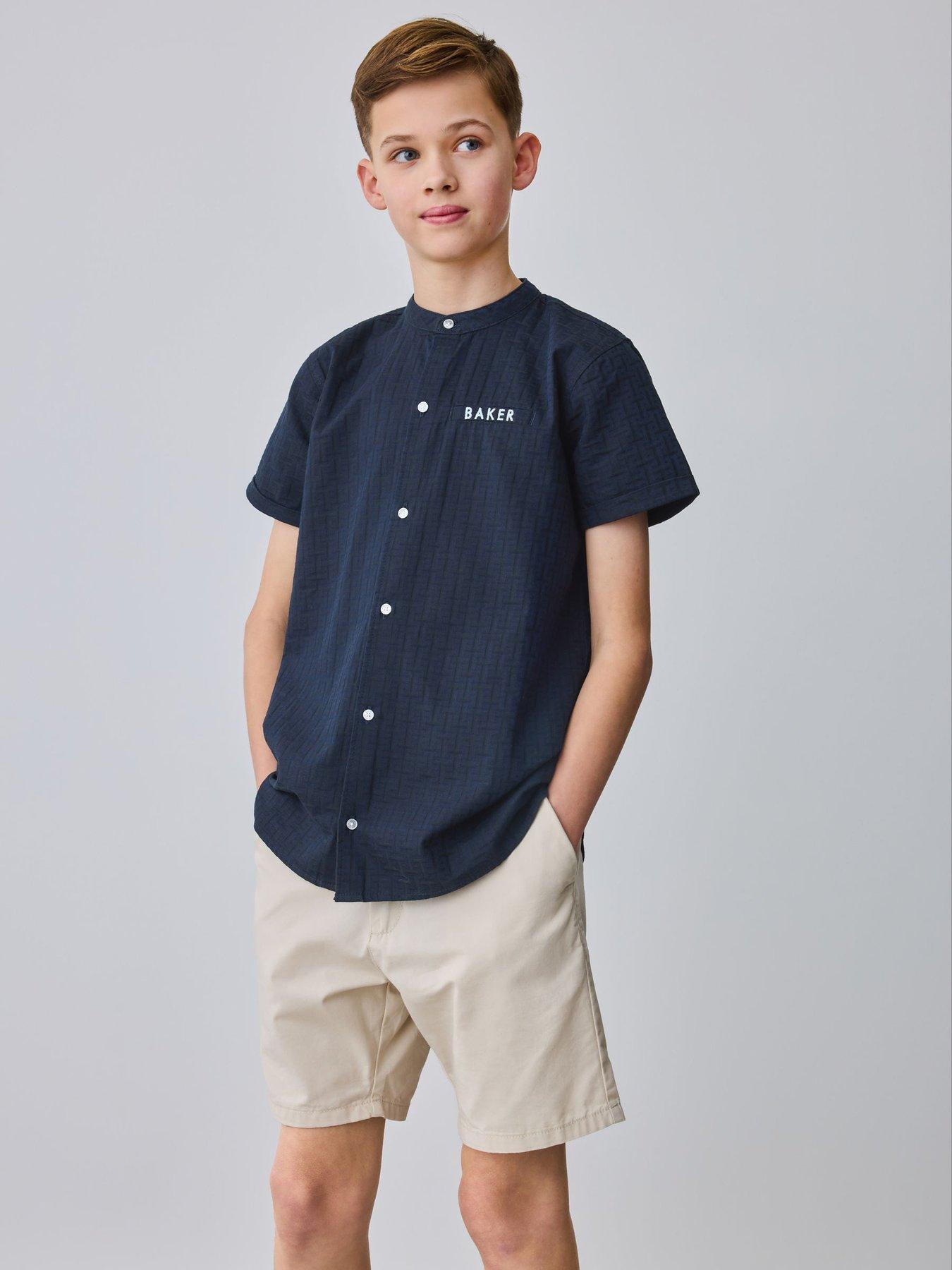 Ted Baker Older Boys Grandad Collar Short Sleeve Shirt - Navy