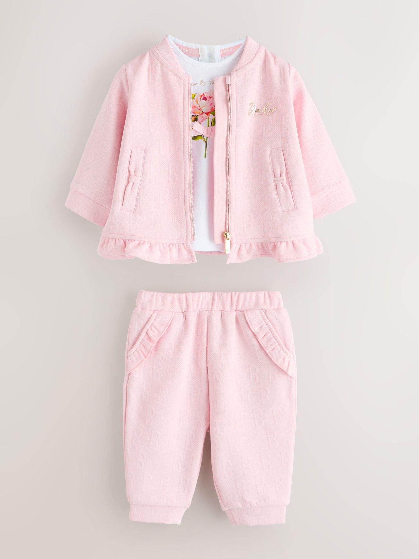 Image 1 of 6 of Ted Baker Baby Girls 3 Piece Frilled Jacket, Joggers &amp; T-Shirt Set - Pink