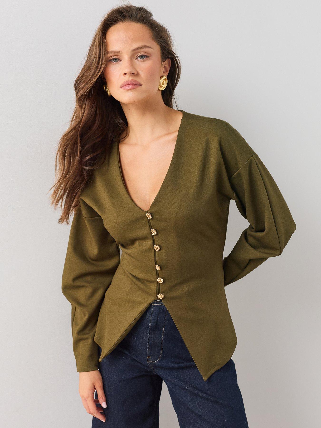 Image 1 of 6 of The Very Collection Button Up Volume Sleeve Top - Green