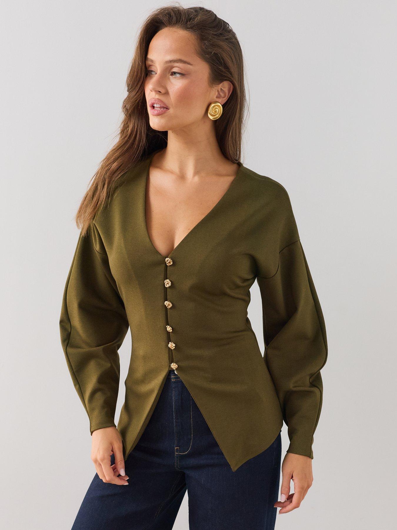 Image 5 of 6 of The Very Collection Button Up Volume Sleeve Top - Green