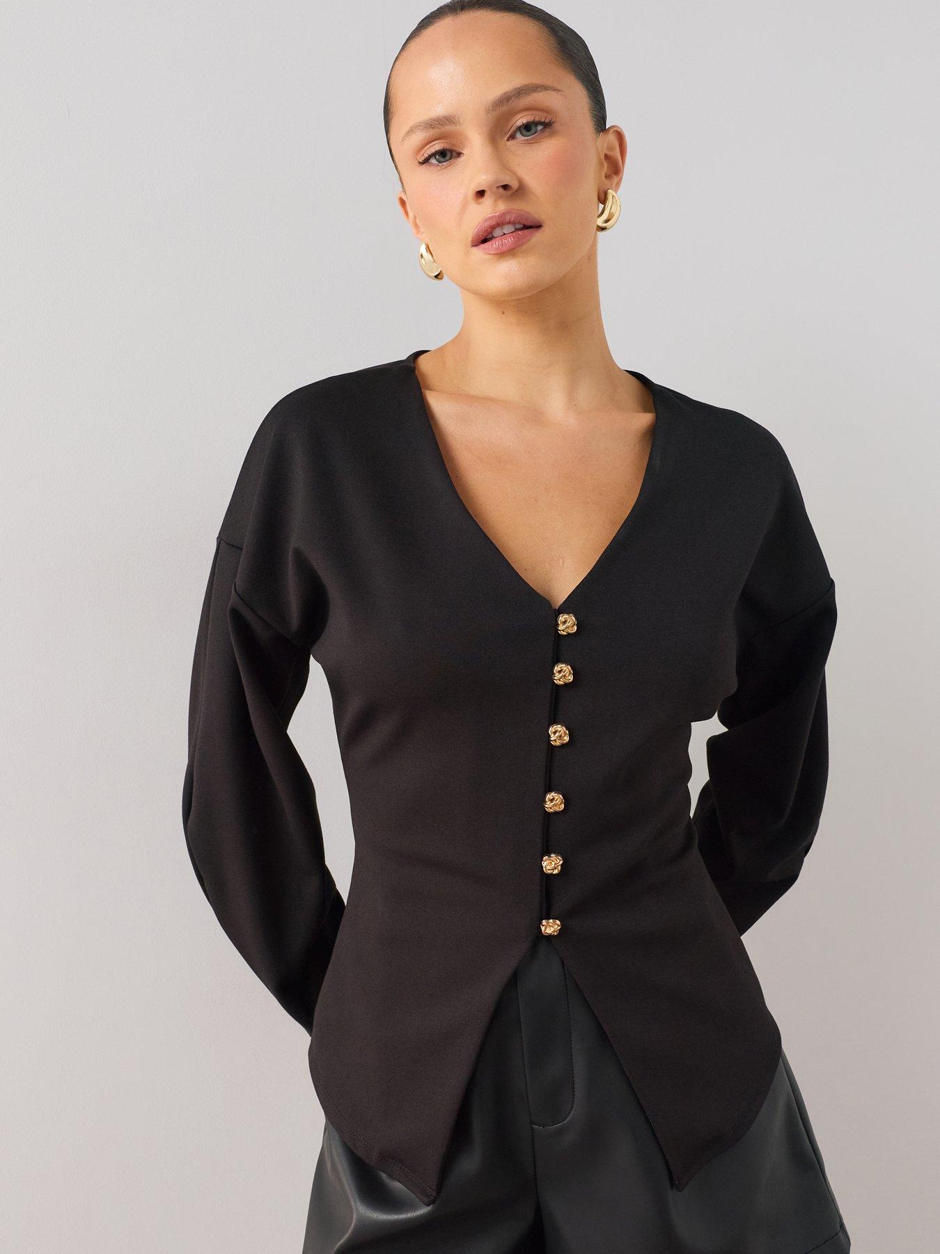 The Very Collection Button Up Volume Sleeve Top - Black