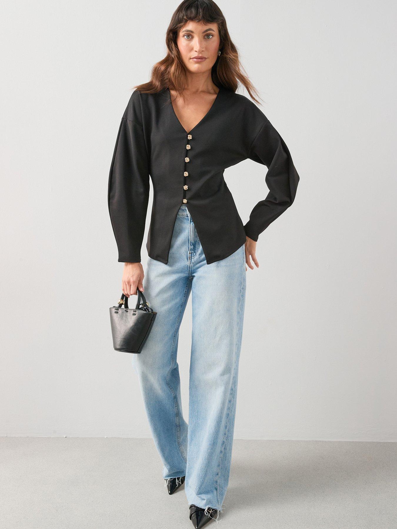 Image 1 of 6 of The Very Collection Button Up Volume Sleeve Top - Black