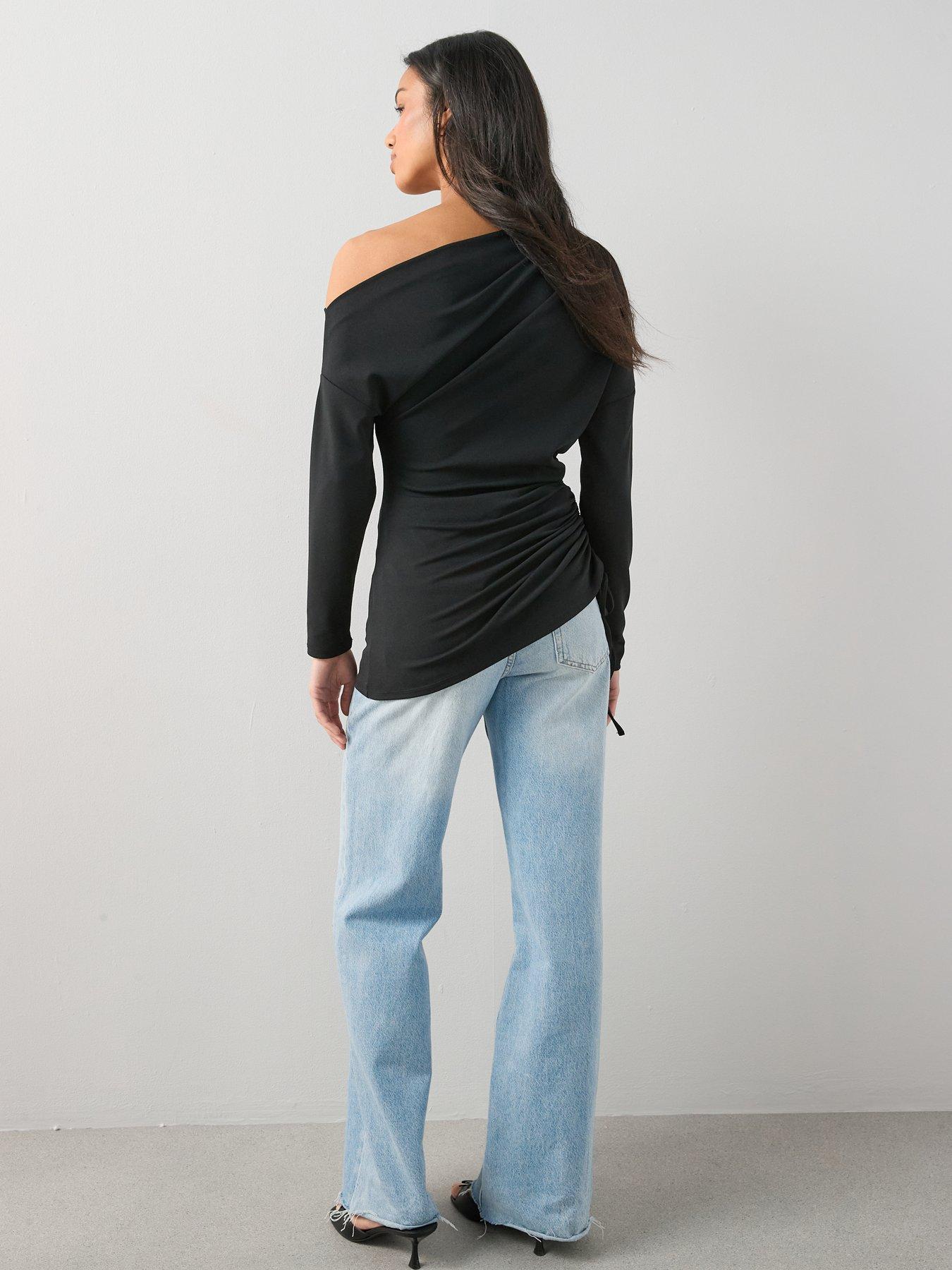the-very-collection-ruched-off-shoulder-top-blackstillFront