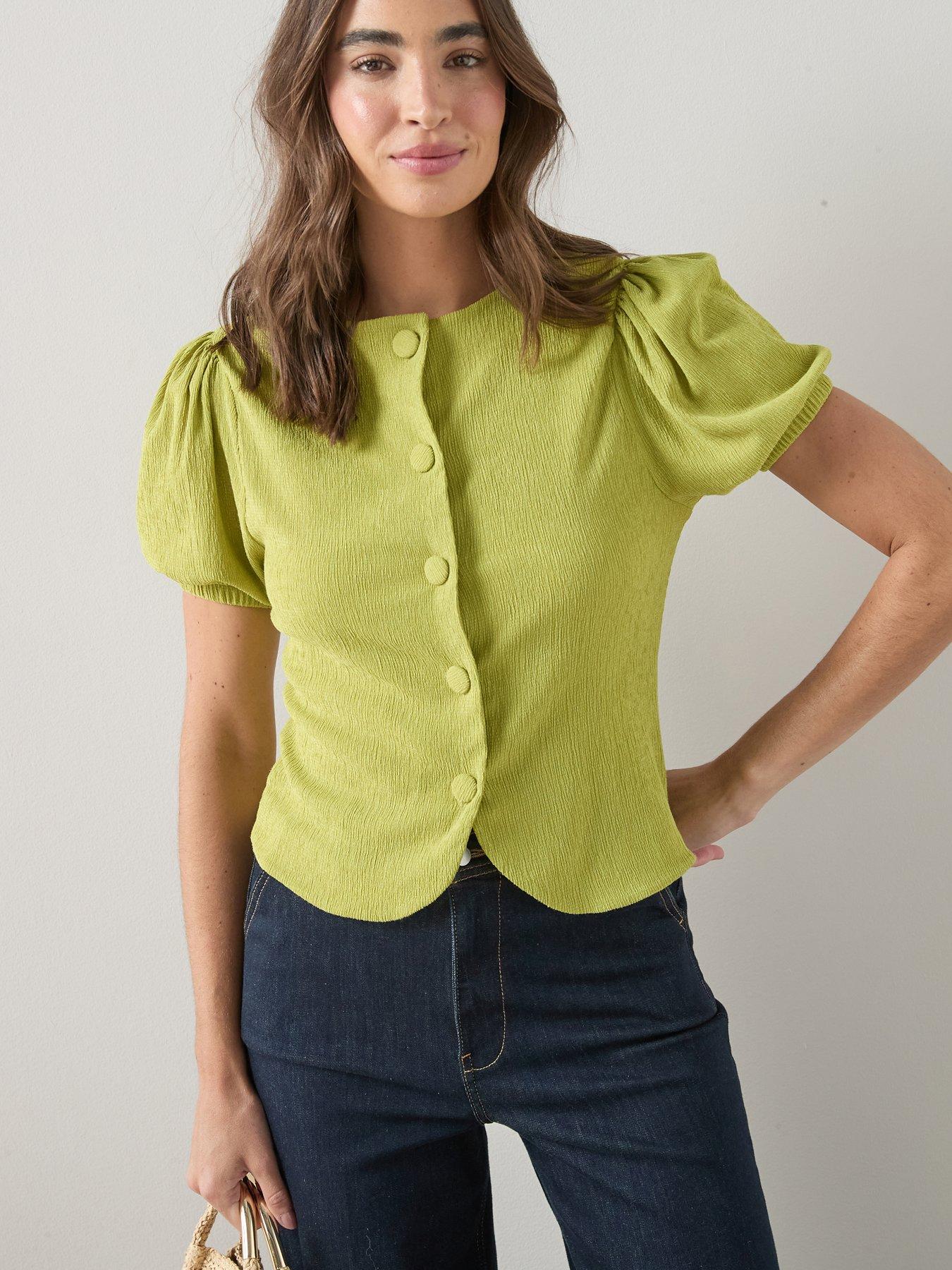 the-very-collection-puff-sleeve-button-up-top-greenfront