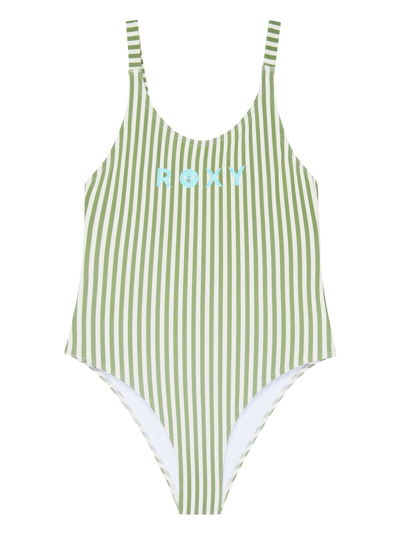 Roxy Girls Striped Active Swimsuit - Green
