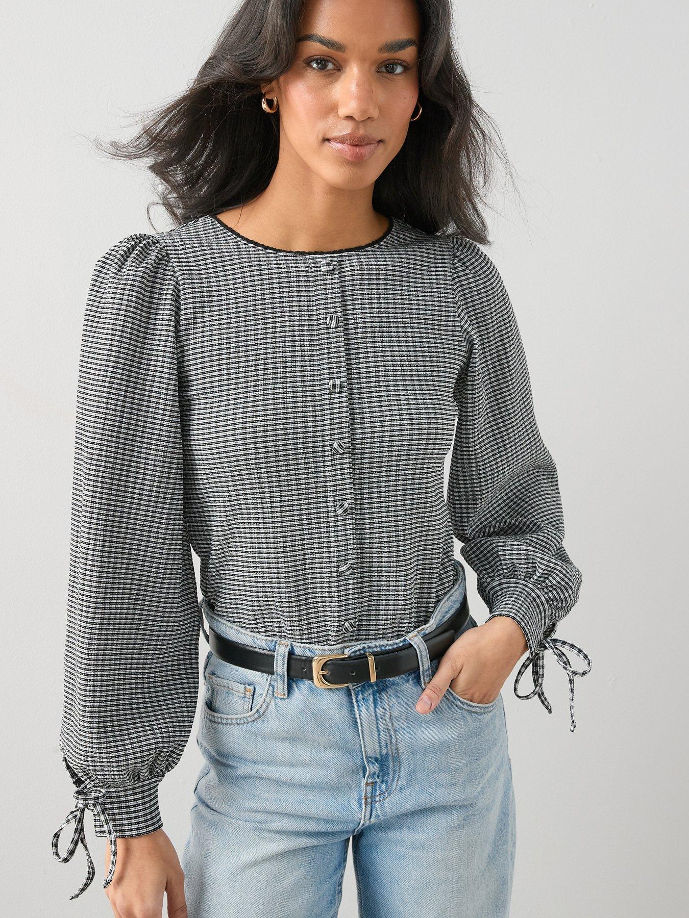 The Very Collection Shirred Gingham Long Sleeve Top - Multi