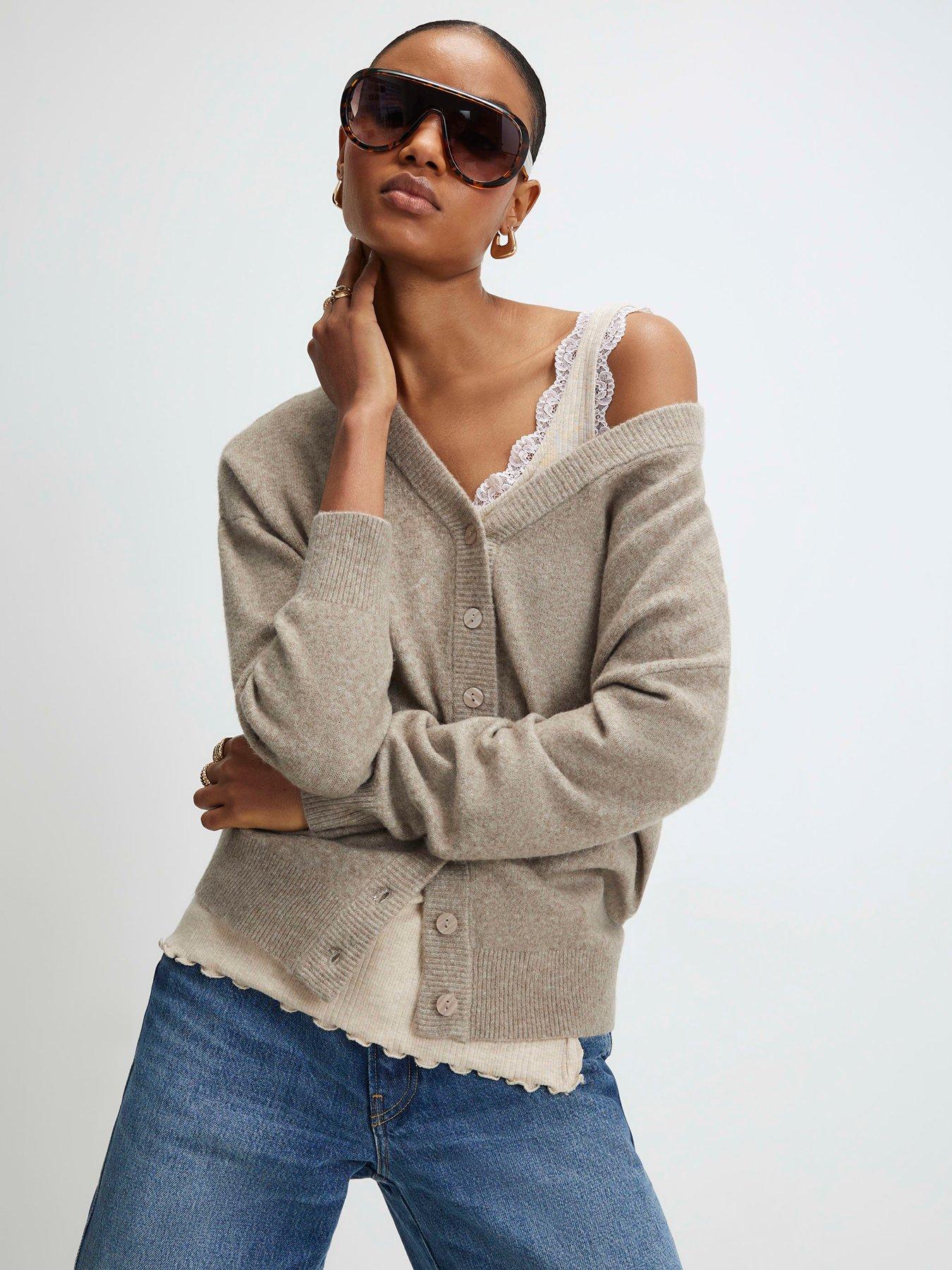 Image 1 of 4 of River Island Knitted V Neck Cardigan - Brown