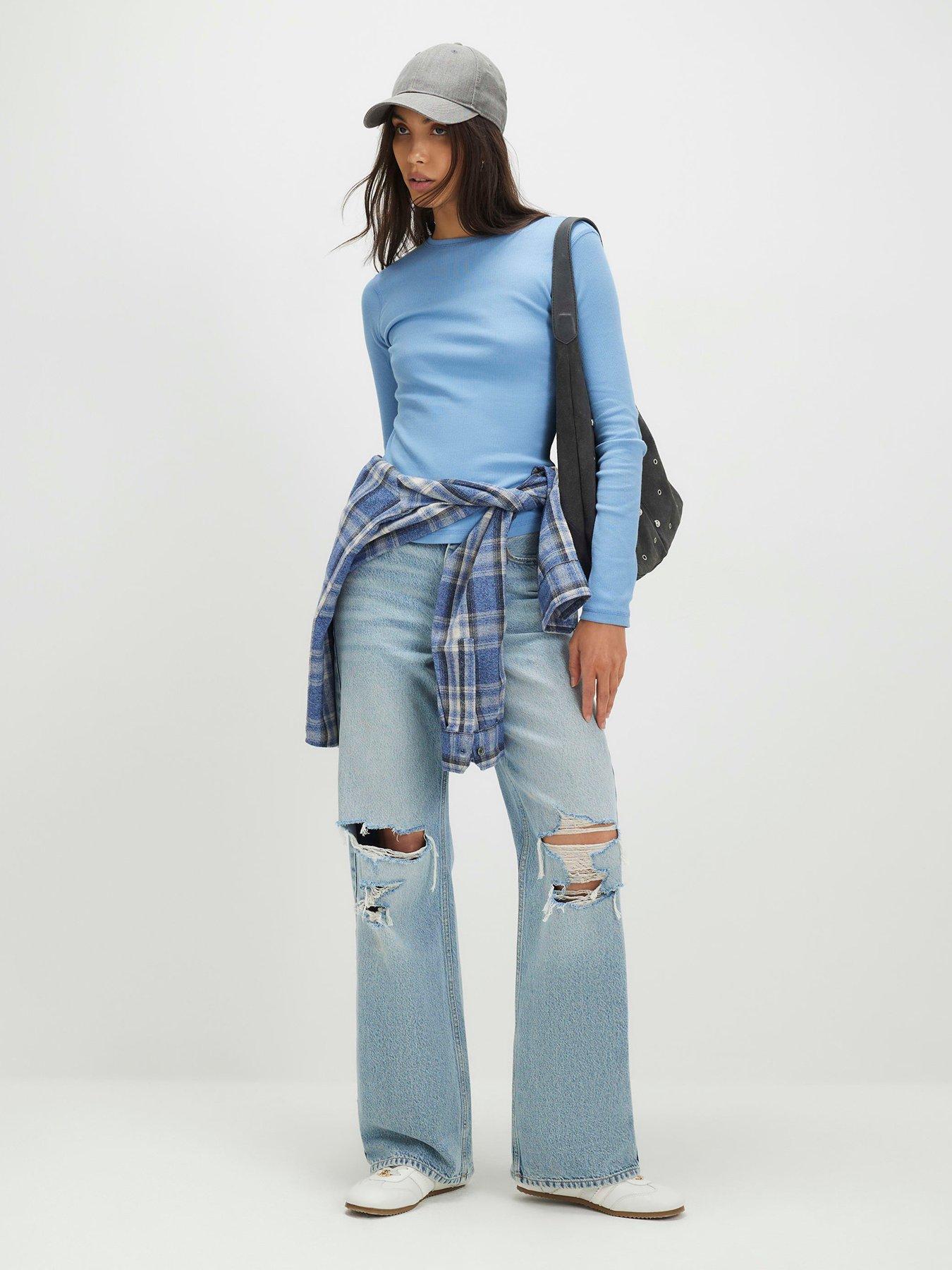 Image 3 of 4 of River Island Long Sleeve Rib Crew Neck Top - Blue