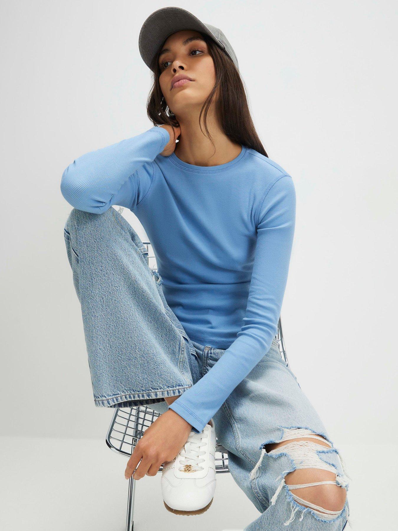 Image 4 of 4 of River Island Long Sleeve Rib Crew Neck Top - Blue