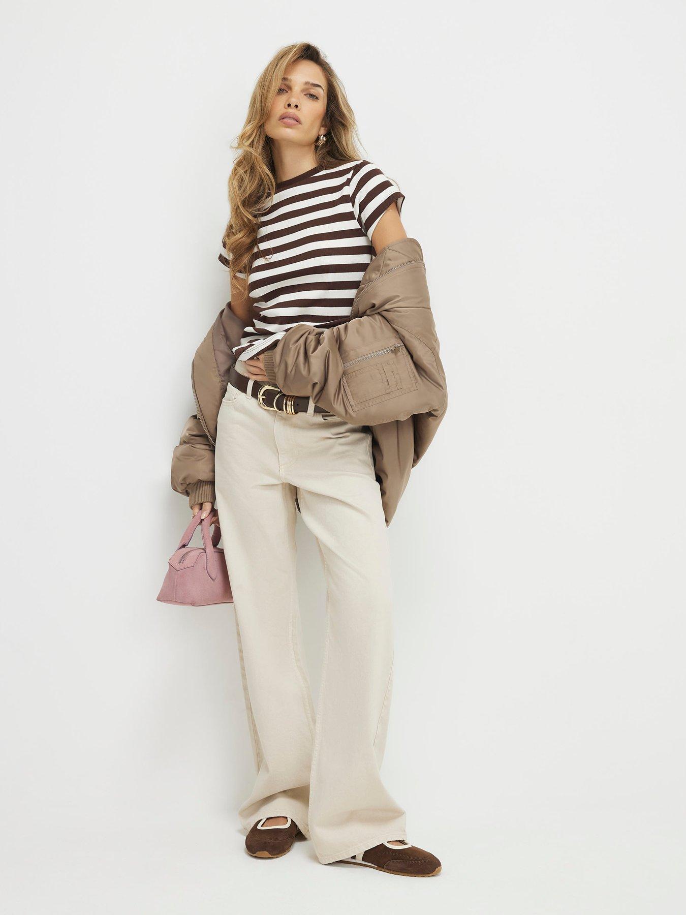Image 3 of 4 of River Island Short Sleeve Fitted Stripe Rib Top - Brown