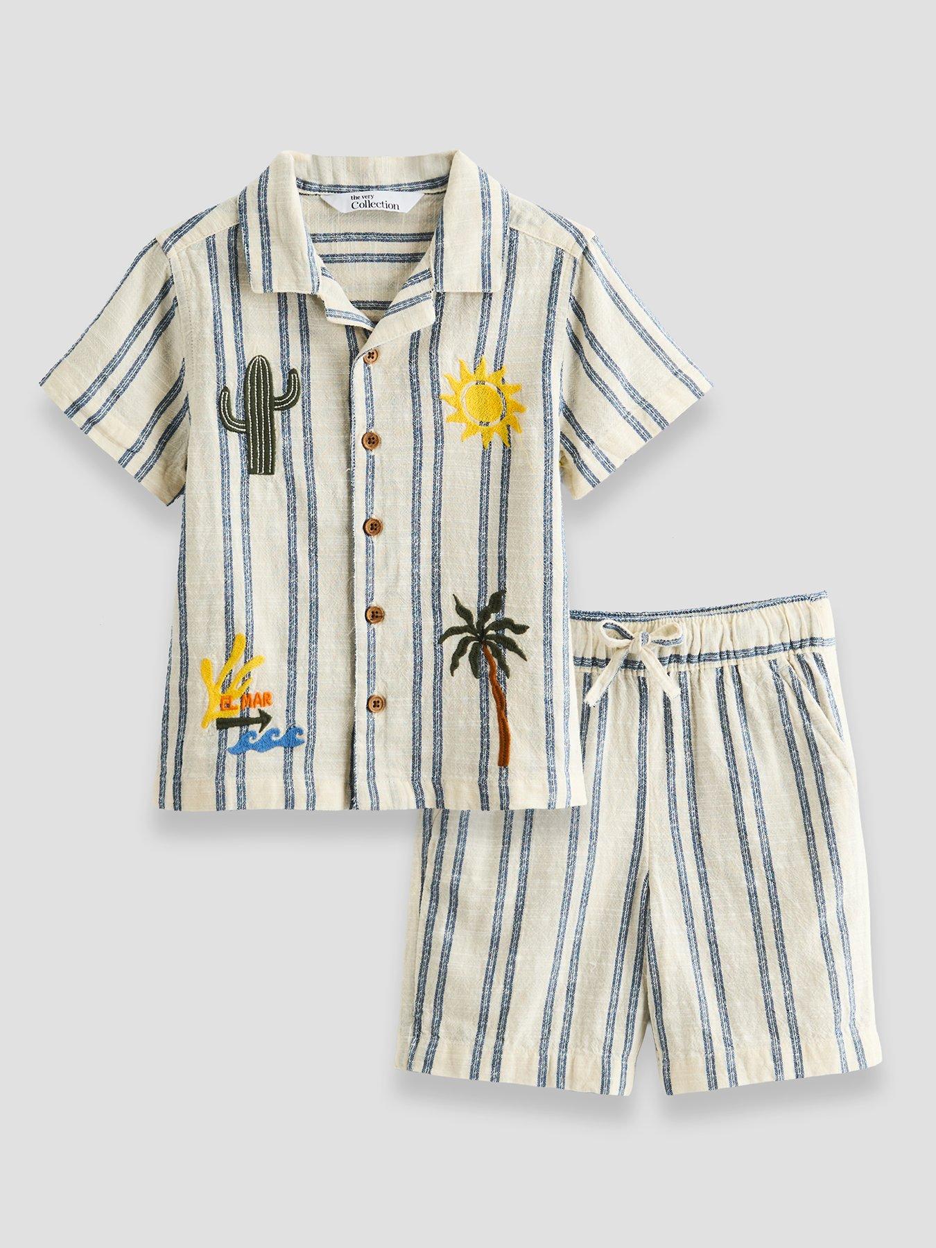 The Very Collection Boys Embroidered Revere Shirt And Shorts Outfit Set - Multi