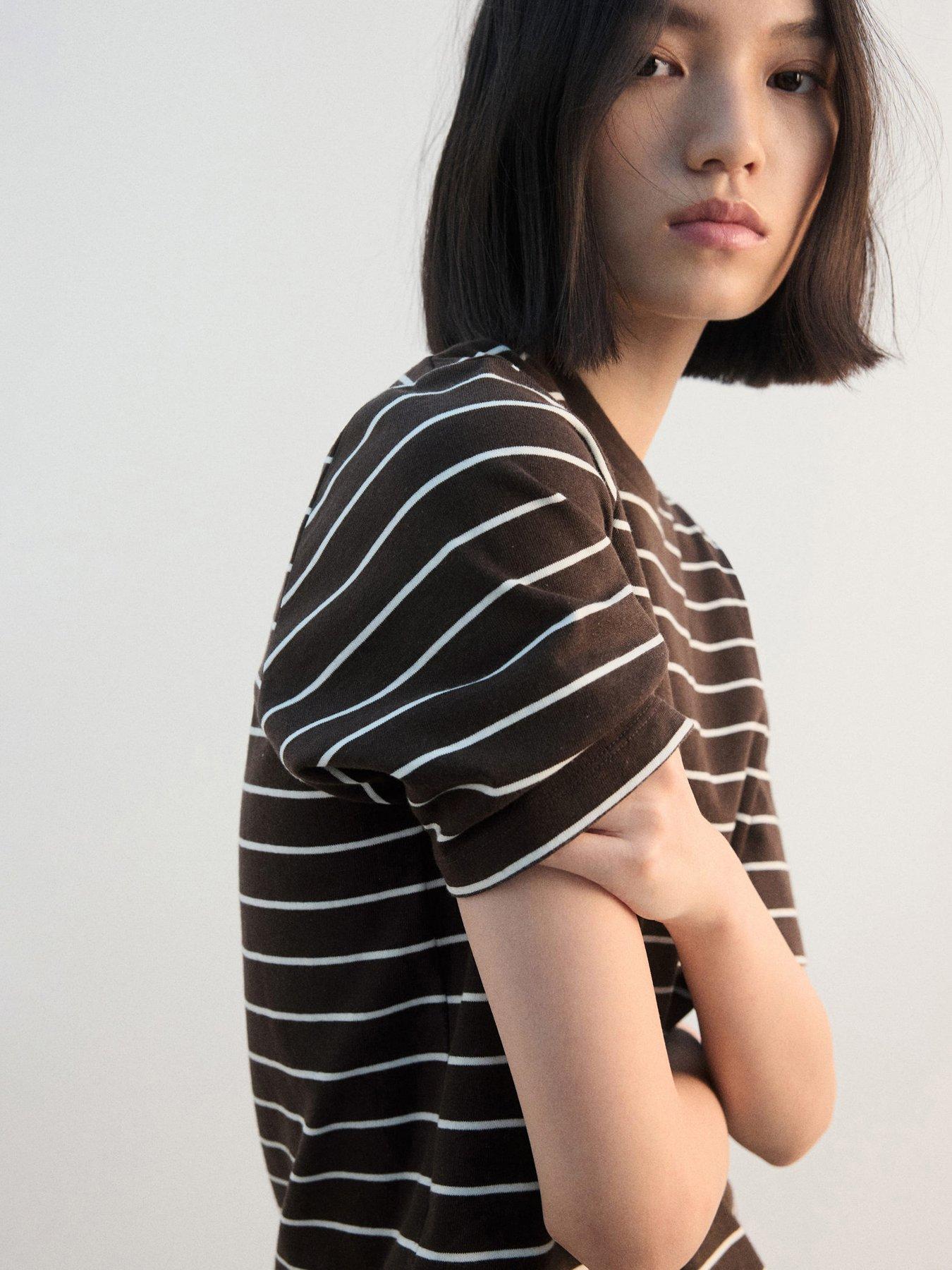 Image 3 of 6 of Mango Striped Cotton T-Shirt - Brown