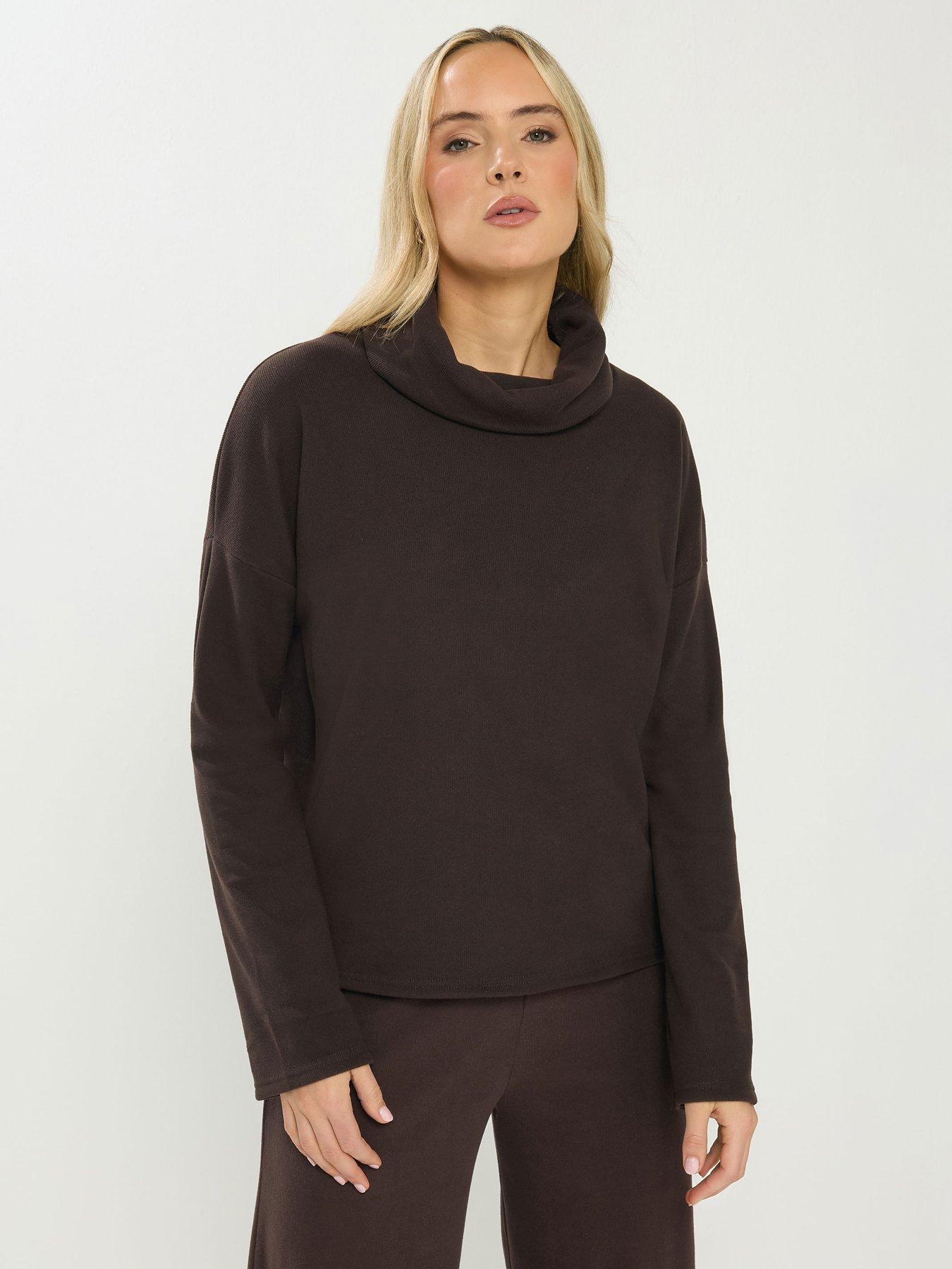 Long Tall Sally Roll Neck Brushed Rib Shoulder Top - Brown