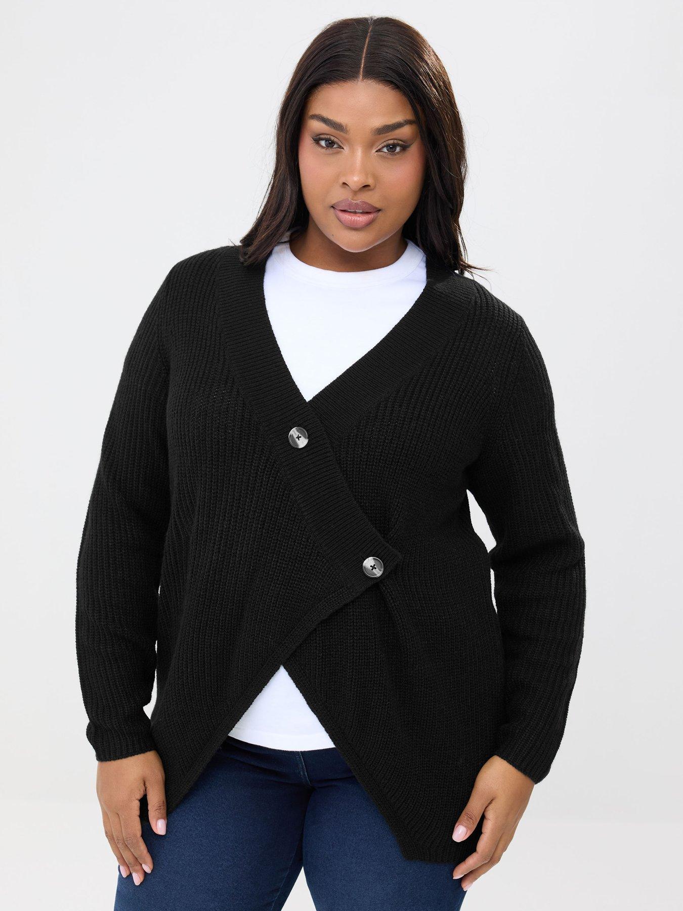 Yours Curve Asymmetric Button Up Cardigan - Black