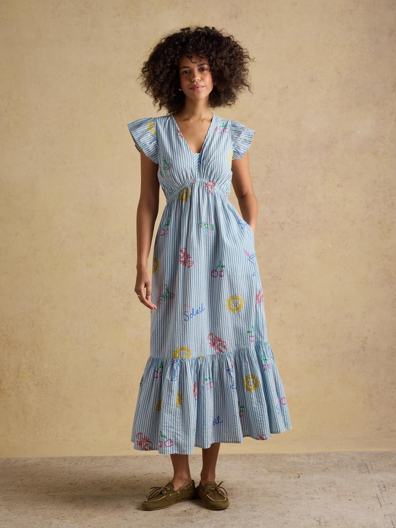 Joules Winnie Frill Shoulder Maxi Dress - Blue/White