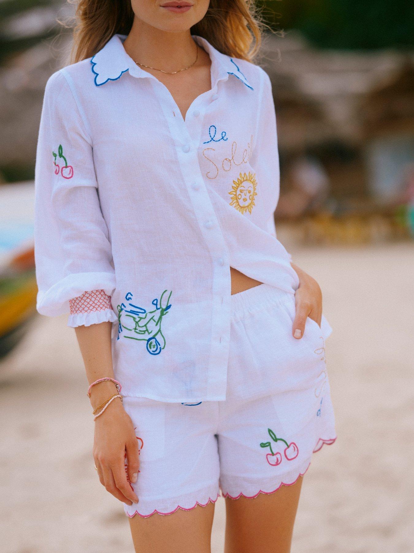 Image 2 of 7 of Joules Orla Embroidered Icons Pure Linen Long Sleeve Shirt - White