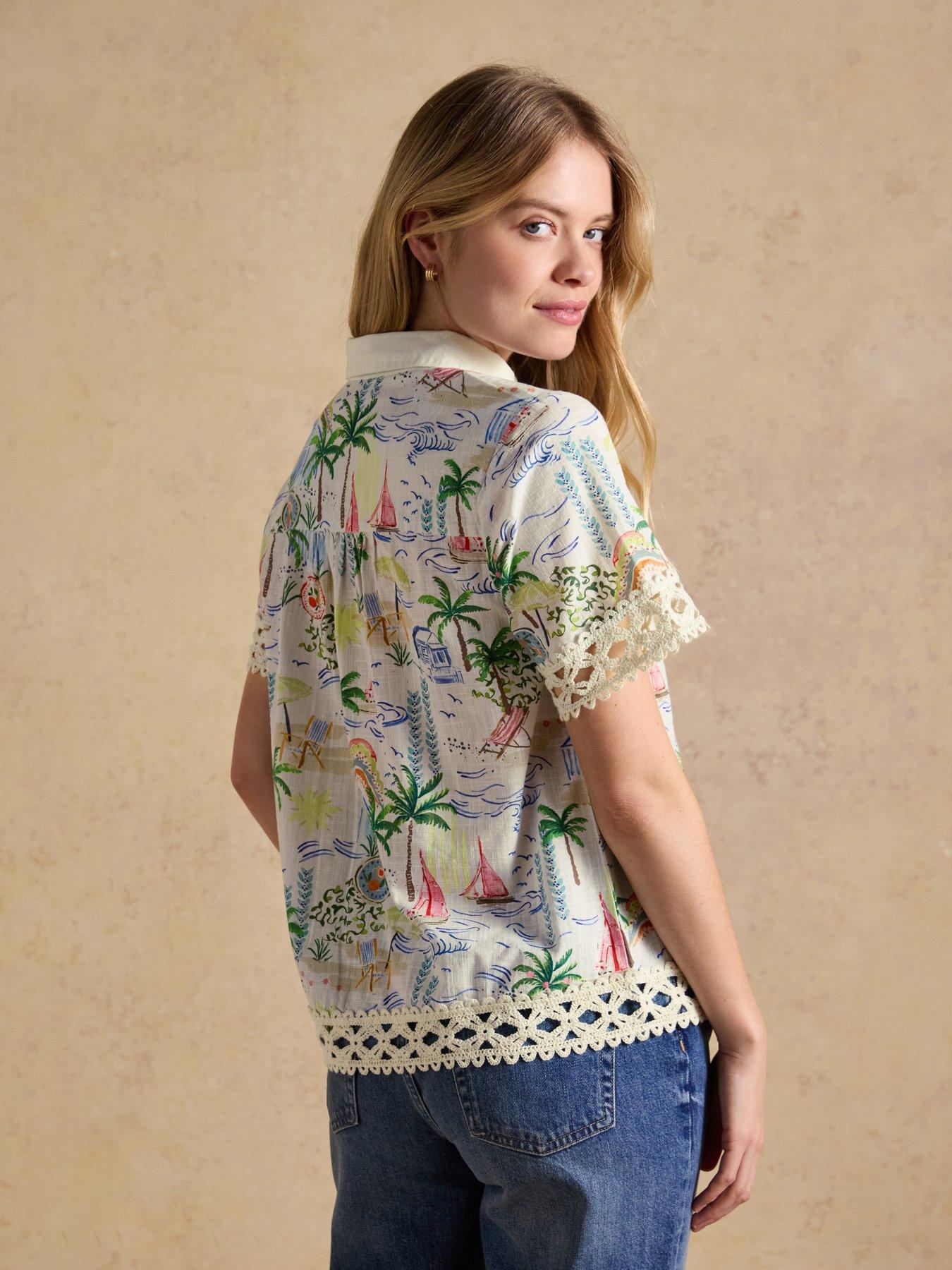 Image 2 of 7 of Joules Isobel Coastal Scene Print Crochet Trim Shirt - Multi