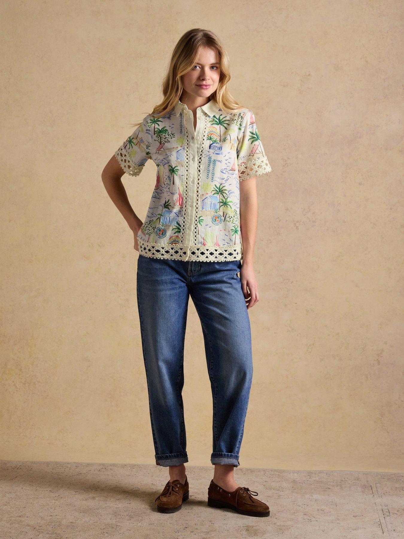 Image 3 of 7 of Joules Isobel Coastal Scene Print Crochet Trim Shirt - Multi