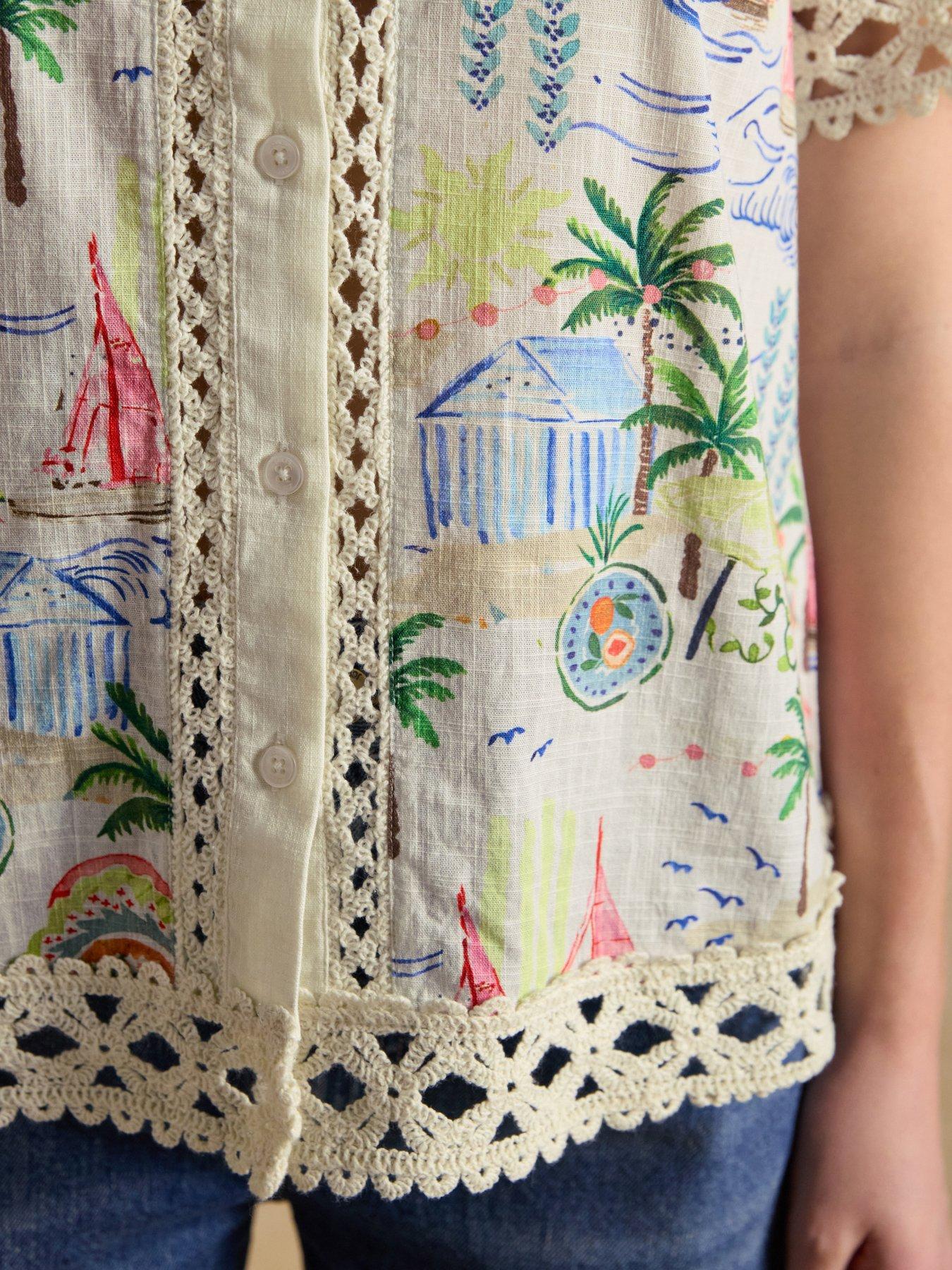 Image 5 of 7 of Joules Isobel Coastal Scene Print Crochet Trim Shirt - Multi