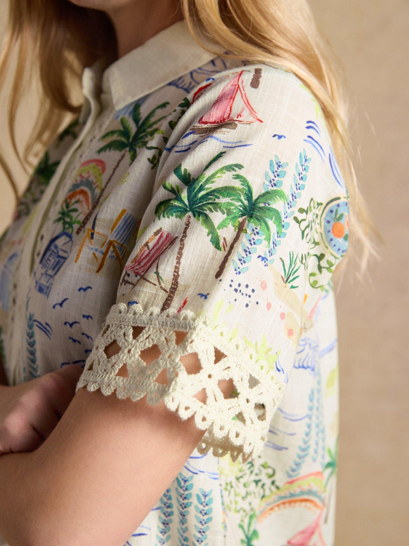 Image 6 of 7 of Joules Isobel Coastal Scene Print Crochet Trim Shirt - Multi