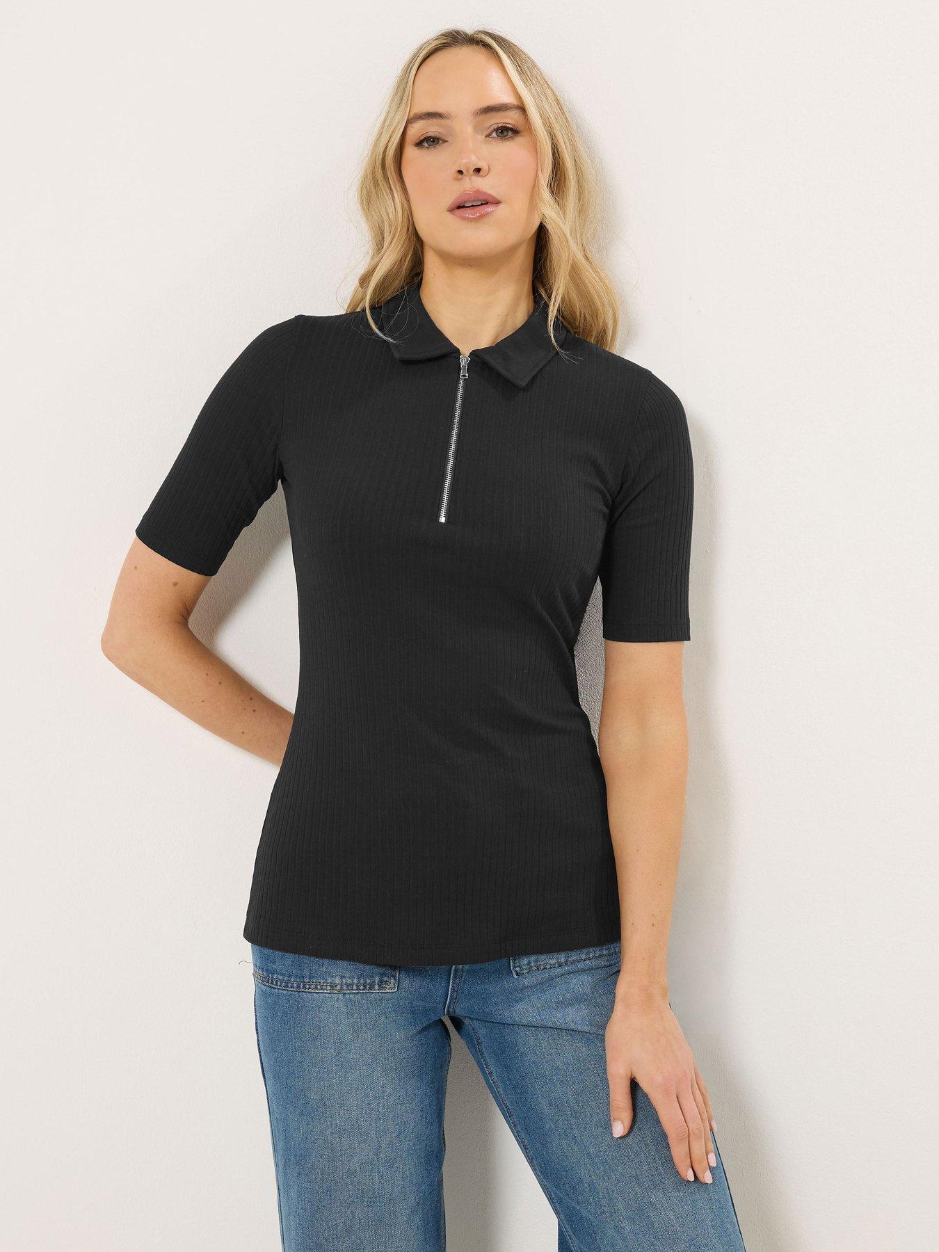 Long Tall Sally Ribbed Zip Fastening T-Shirt - Black