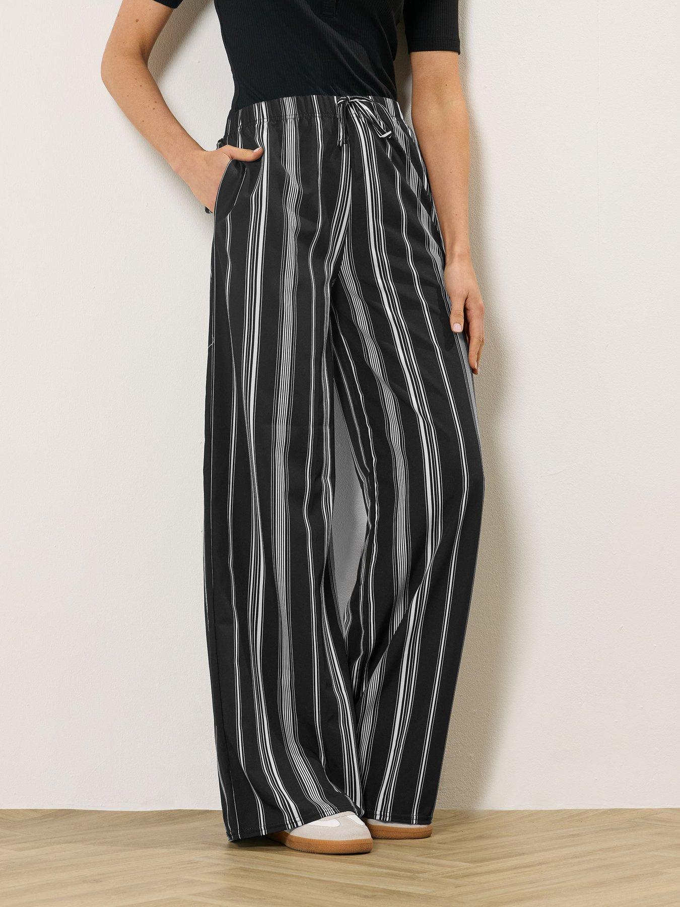 Long Tall Sally Stripe Wide Leg Trouser 34" - Black