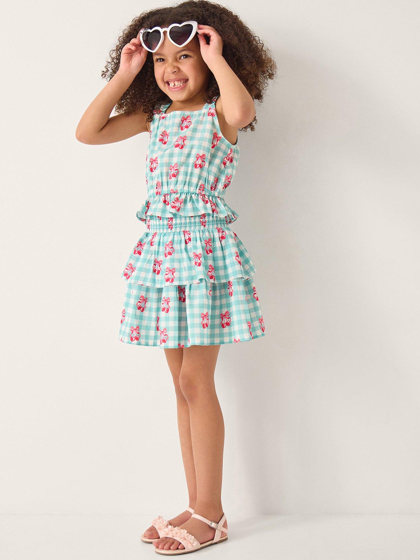 Image 1 of 4 of Monsoon Girls Gingham Cherry Skirt Set - Green