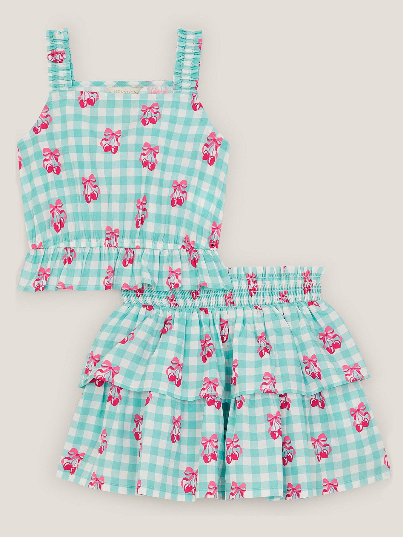 Image 2 of 4 of Monsoon Girls Gingham Cherry Skirt Set - Green