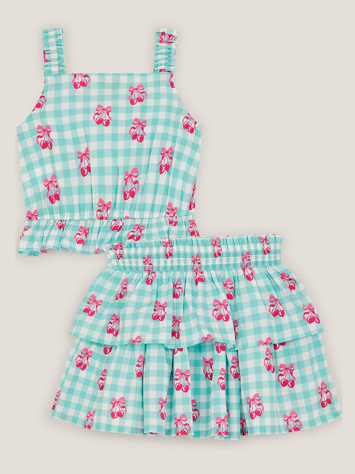Image 3 of 4 of Monsoon Girls Gingham Cherry Skirt Set - Green