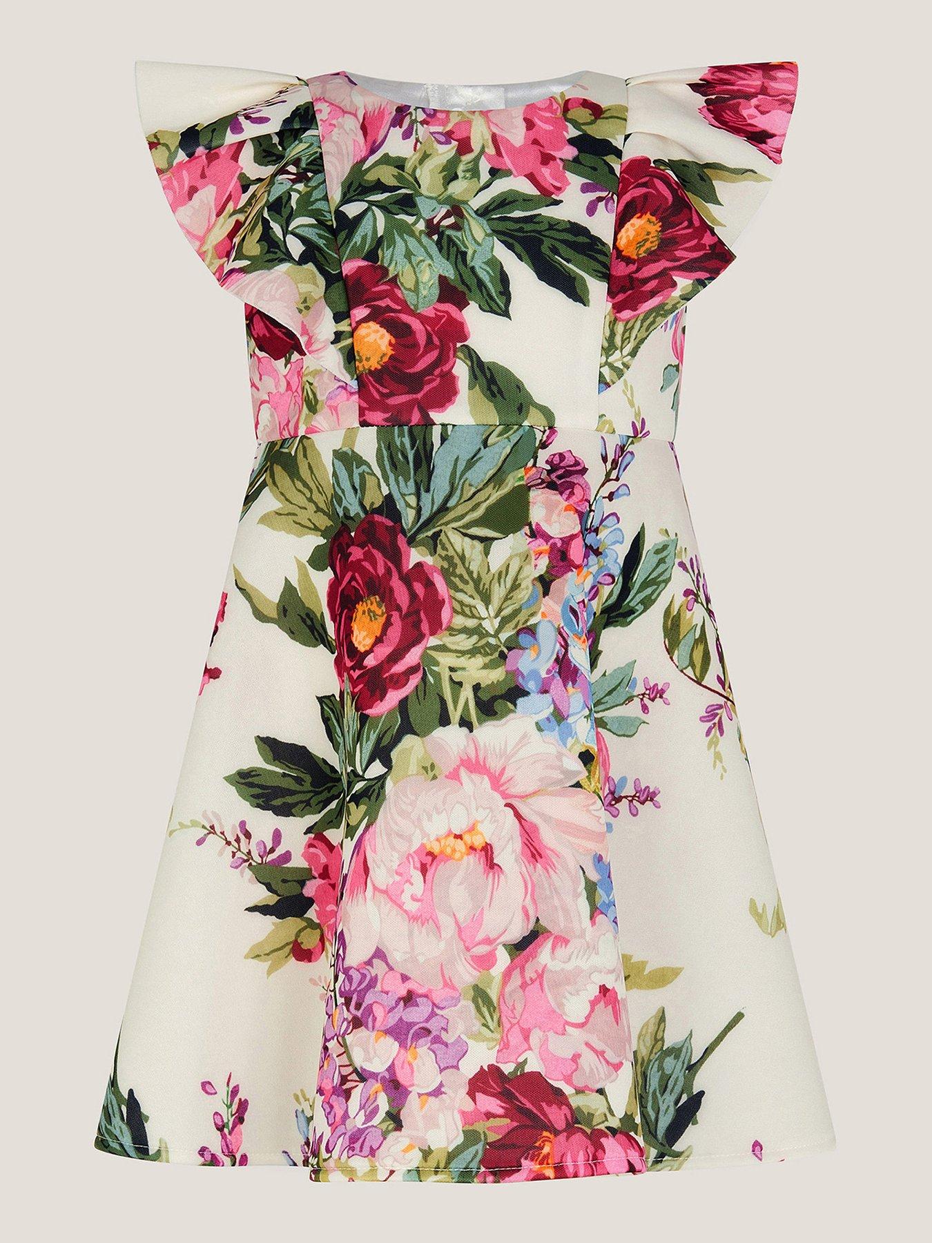 Monsoon Baby Girls Floral Scuba Frill Dress - Light Cream