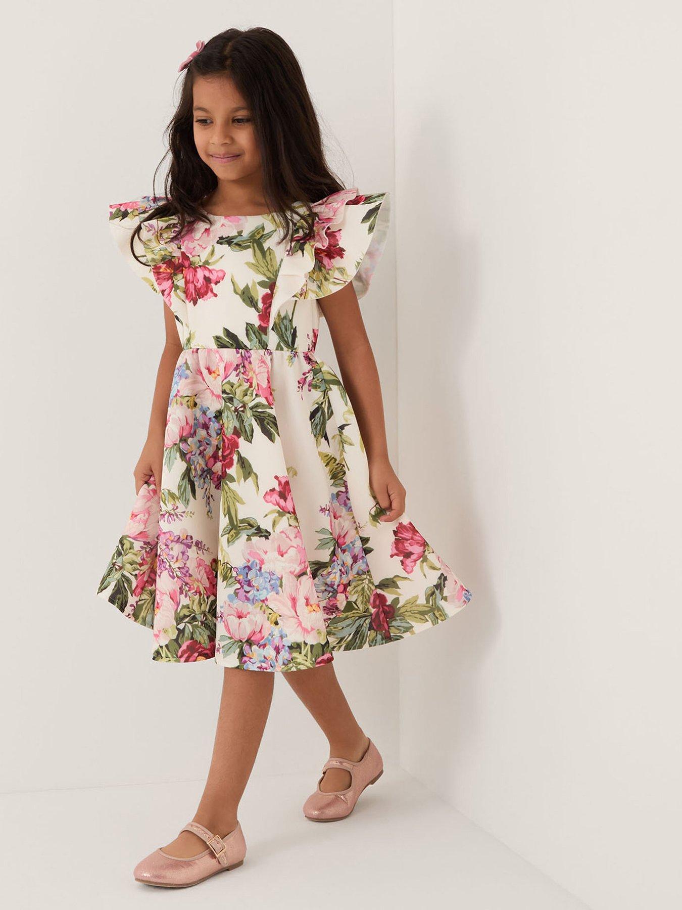 Monsoon Girls Floral Scuba Frill Dress - Light Cream