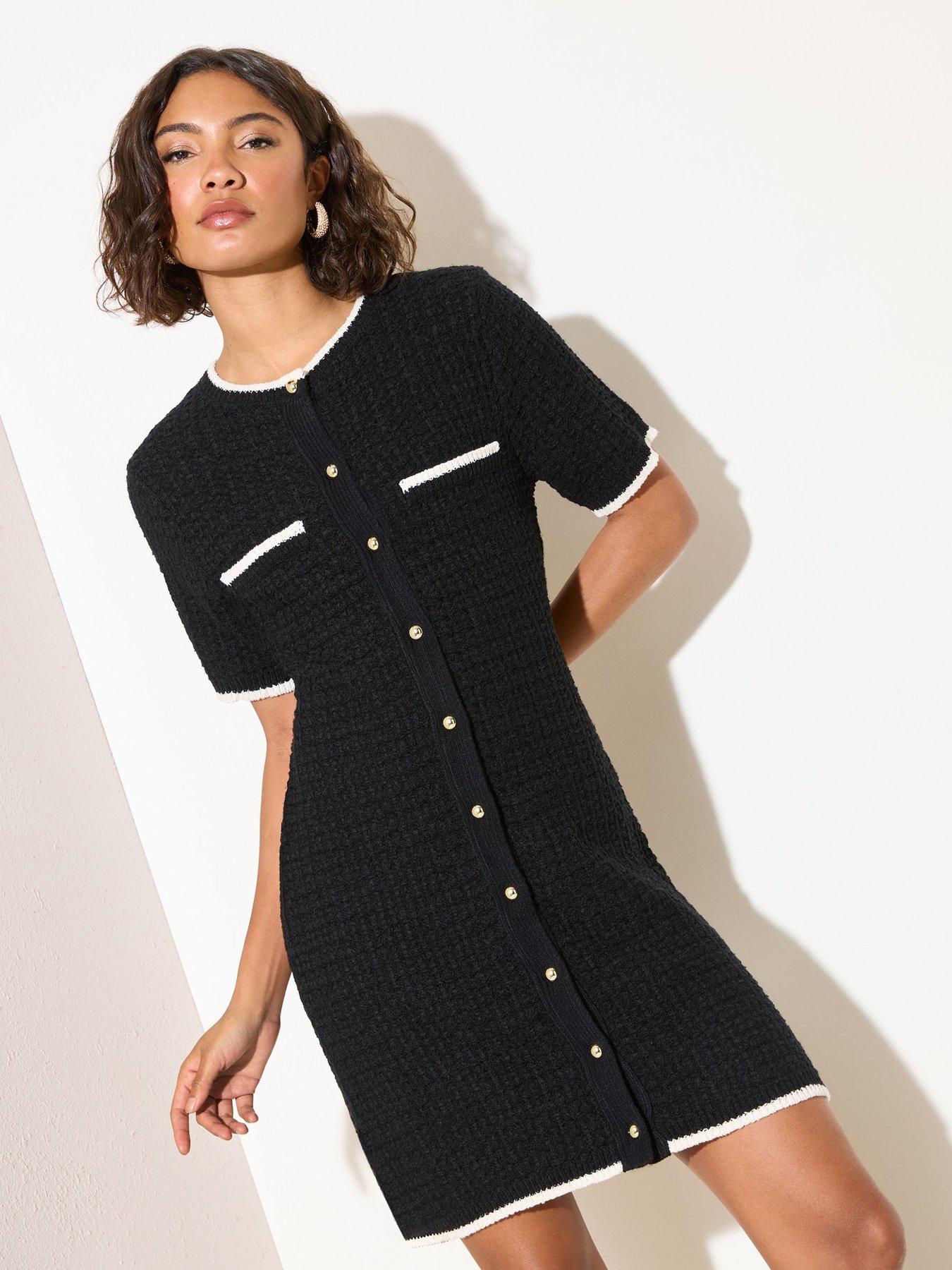 friends-like-these-boucle-short-sleeve-tipped-knitted-dress-black