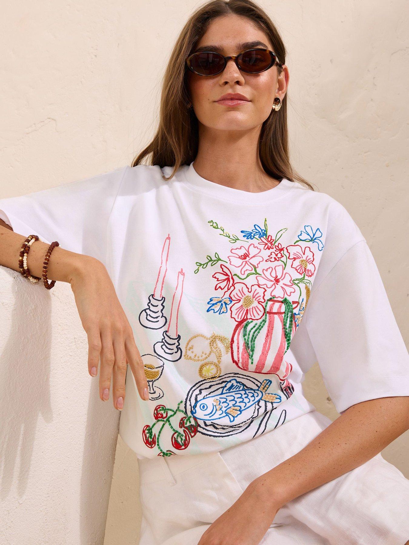 Friends Like These Printed  &  Embroidered Dinner Print T-Shirt - White