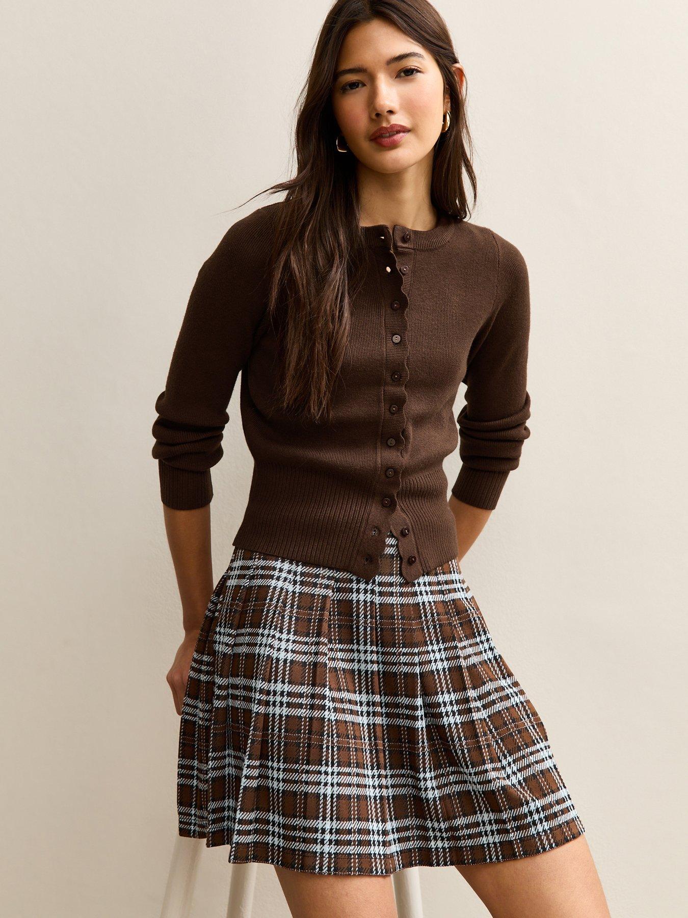 Image 1 of 4 of New Look Scalloped Trim Knit Cardigan - Brown