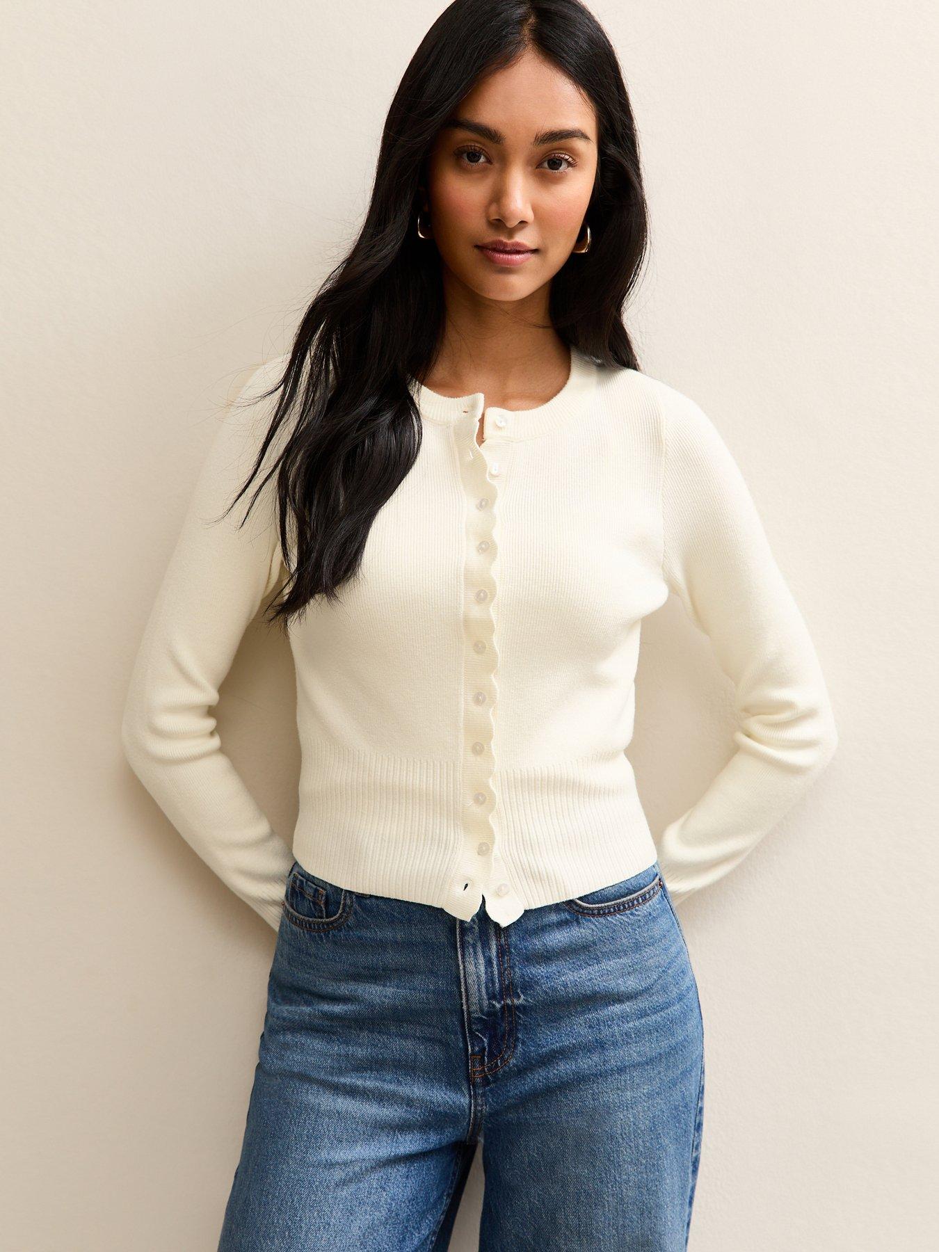 Image 1 of 5 of New Look Scalloped Trim Compact Knit Cardigan - Cream