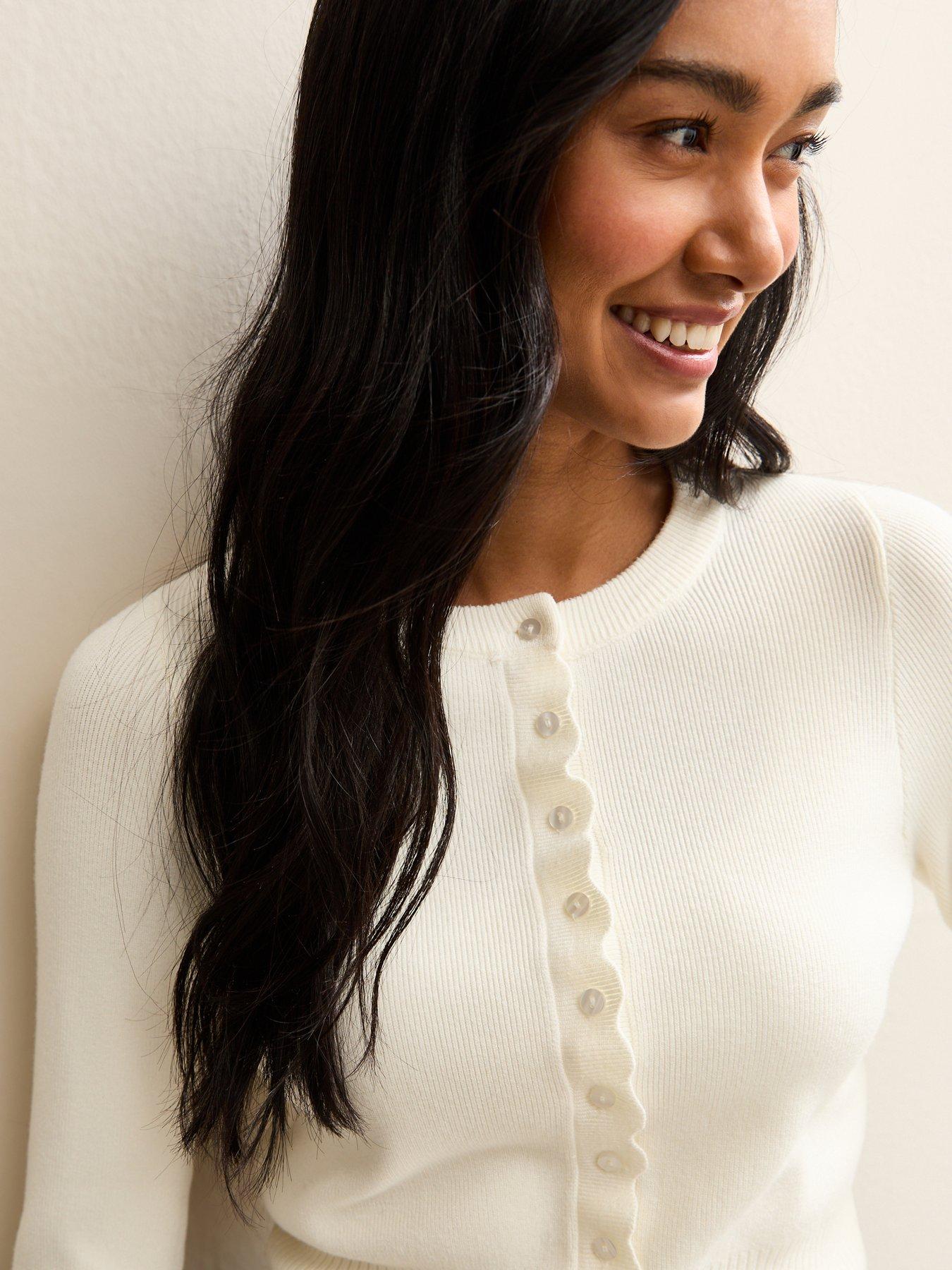 Image 4 of 5 of New Look Scalloped Trim Compact Knit Cardigan - Cream