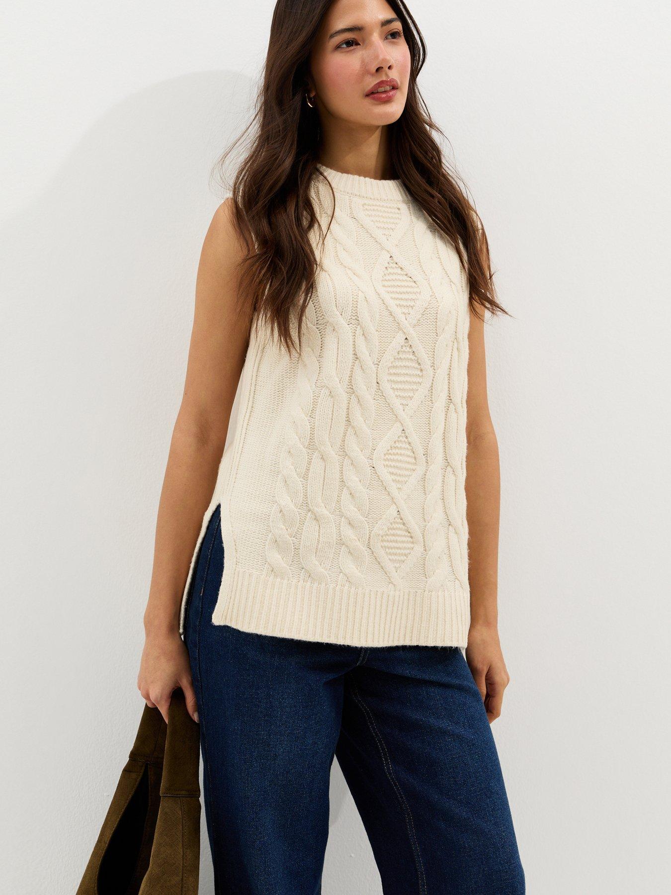 Image 1 of 5 of New Look Cable Knit Longline Tabard - Cream