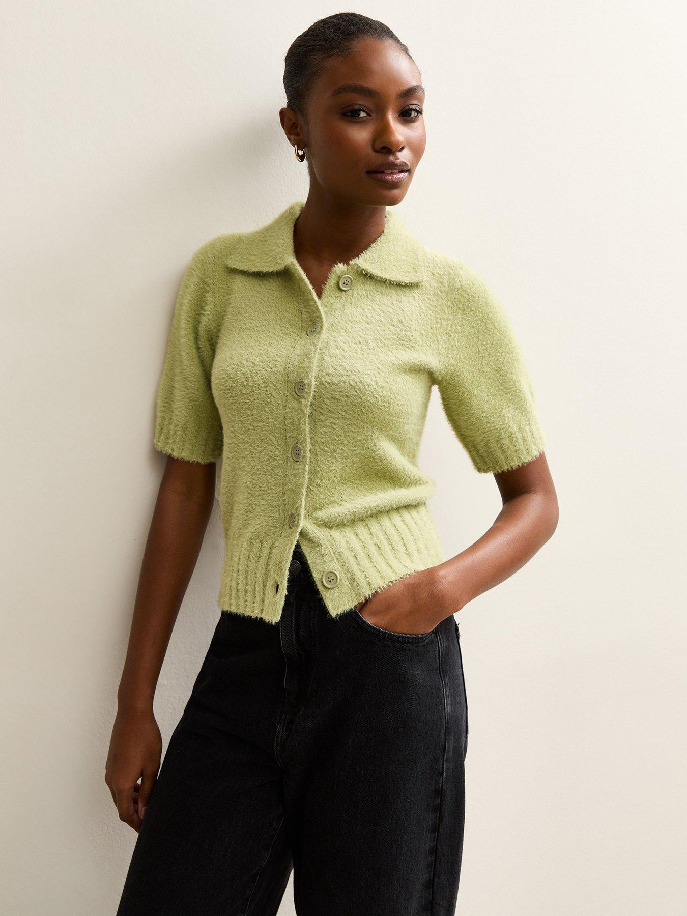 Image 1 of 6 of New Look Knitted Short Sleeve Collared Cardigan - Light Green