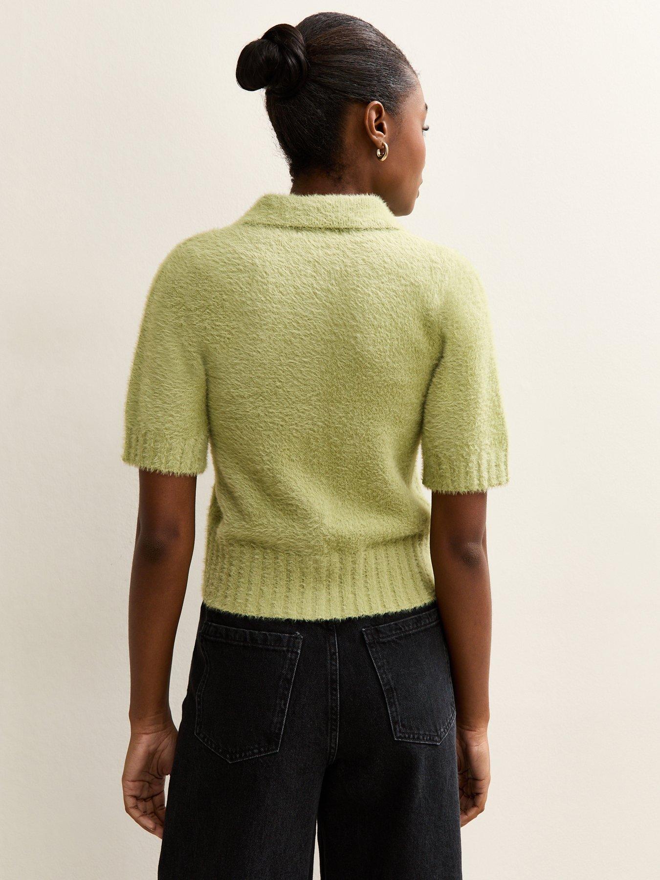 Image 2 of 6 of New Look Knitted Short Sleeve Collared Cardigan - Light Green