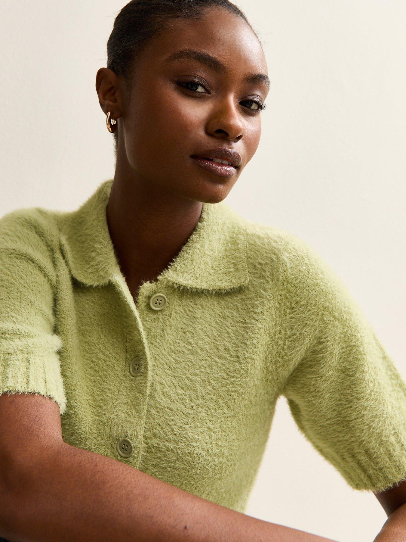 Image 5 of 6 of New Look Knitted Short Sleeve Collared Cardigan - Light Green