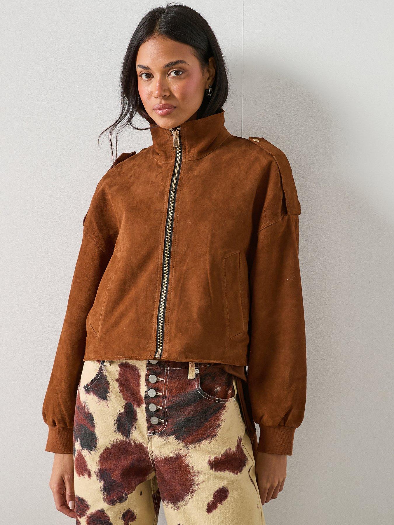 AllSaints Lowden Suede Cropped Jacket - Cognac Brown
