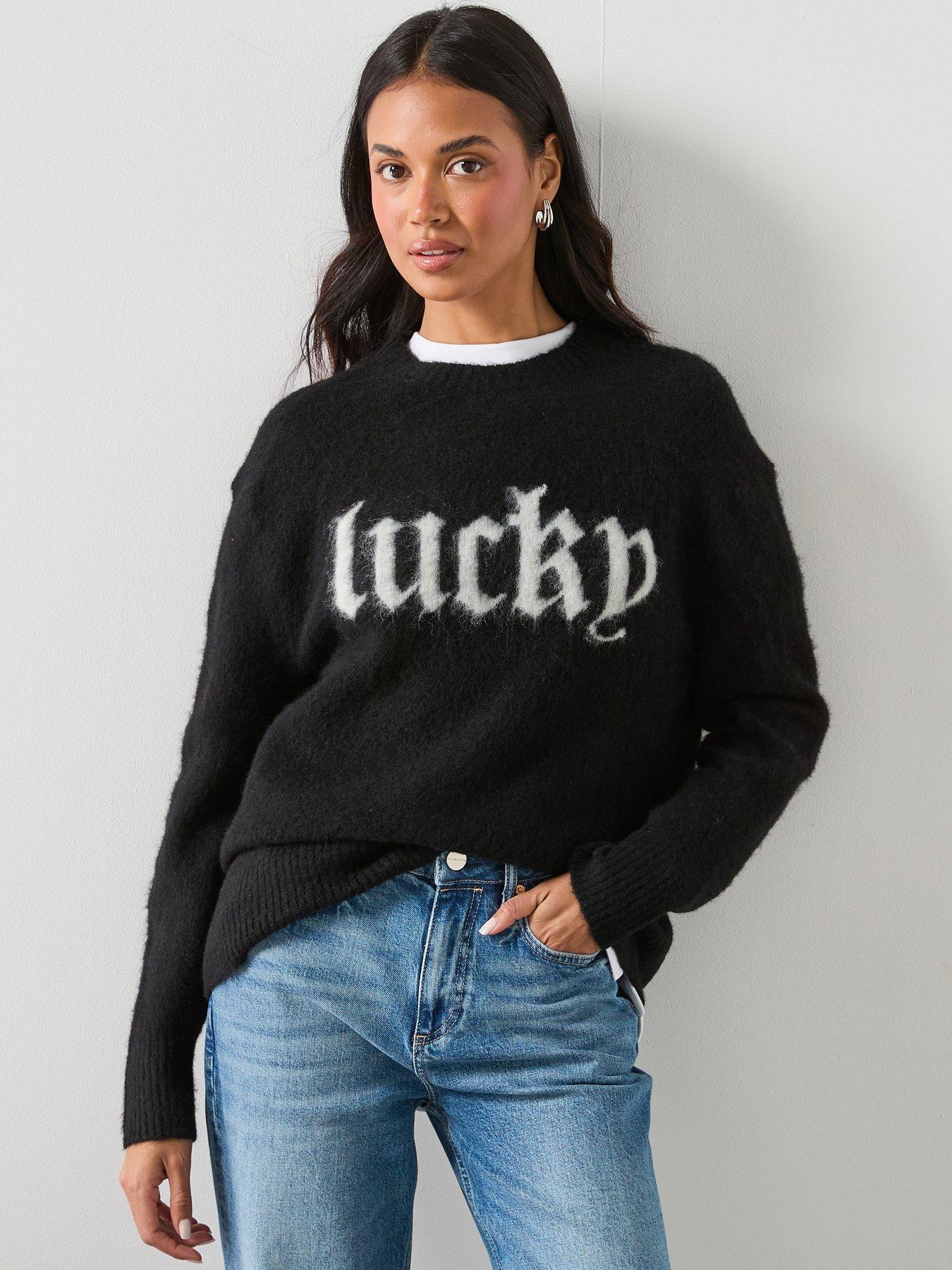 AllSaints Lucky Or Not Slogan Long Sleeve Jumper - Black