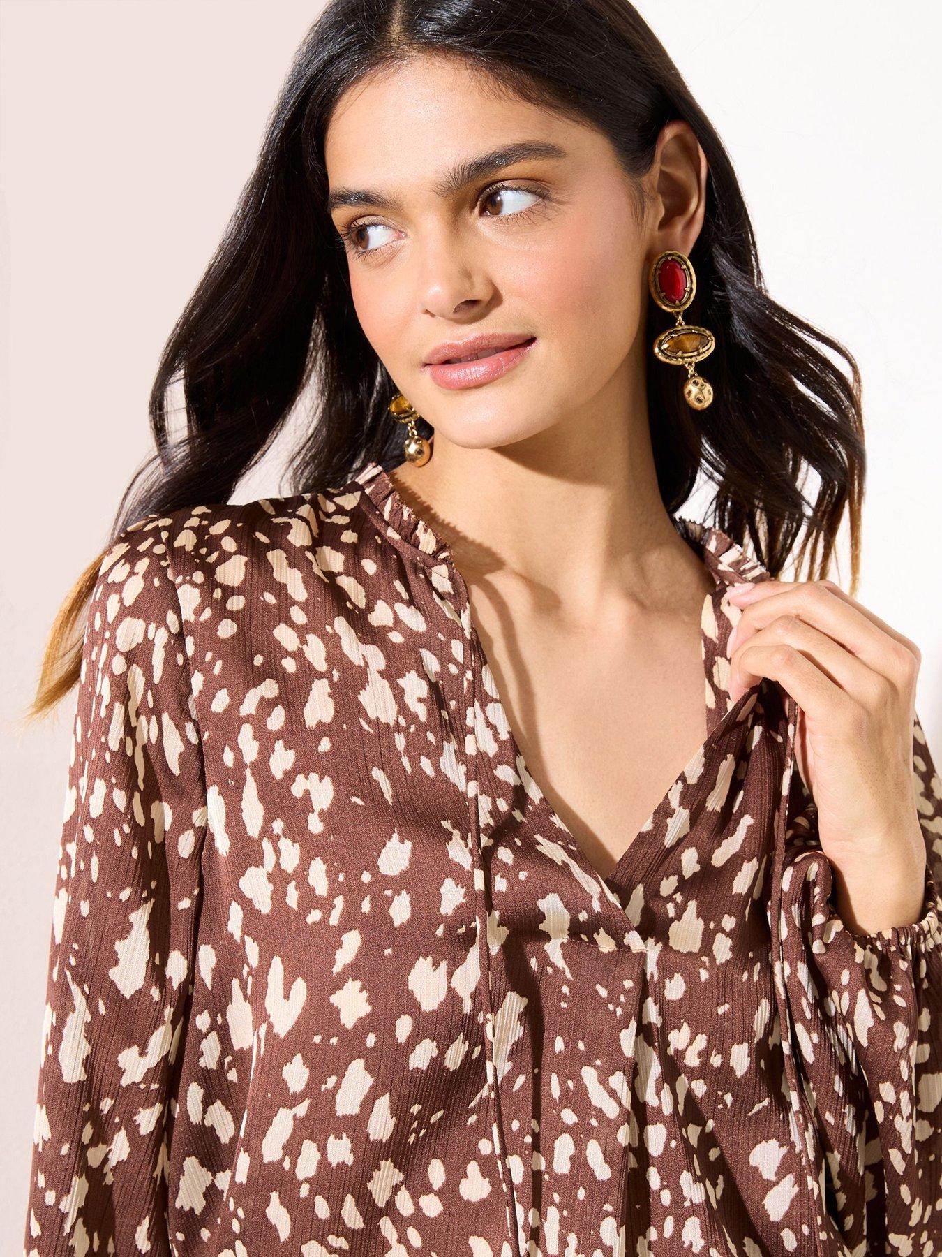 friends-like-these-tie-neck-blouson-blouse-brownoutfit
